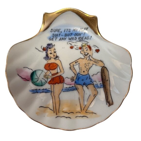 Ceramic Trinket Dish Ashtray Shell Vintage Risque Adult Humour Play Suit 4 x 4” - Picture 1 of 5